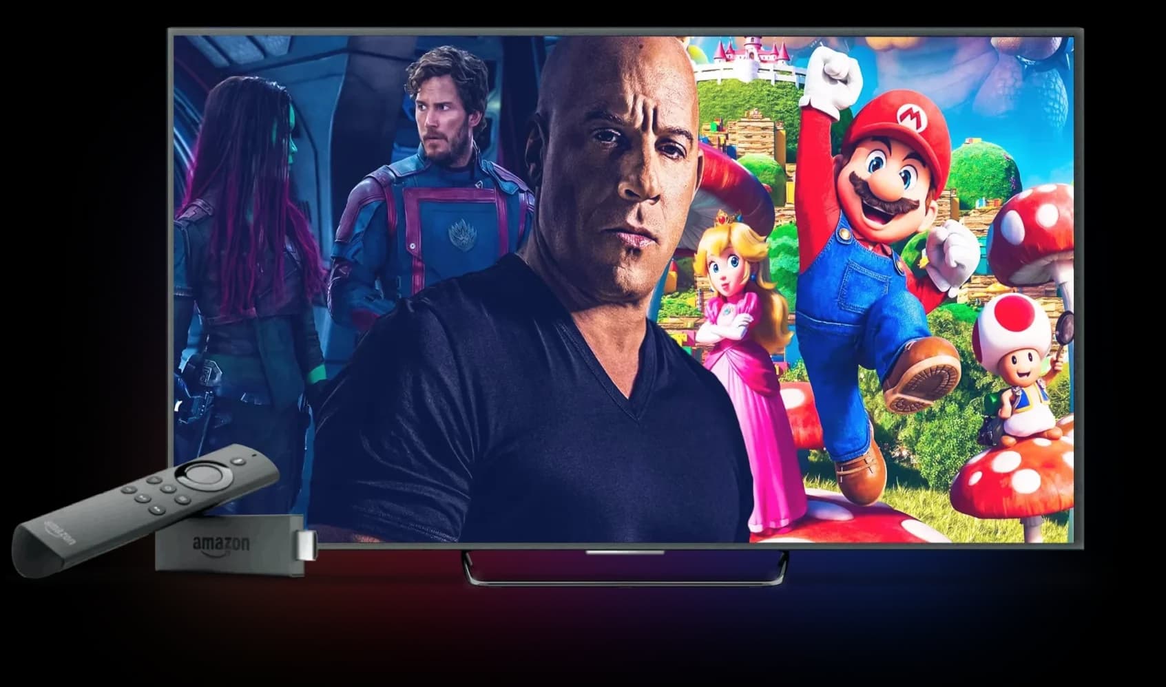 Amazon Fire TV Stick connected to a smart TV, showing on-demand movies and shows