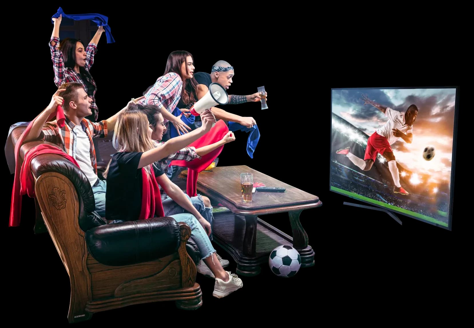Friends watching live sports together on a TV, streamed through INO IPTV